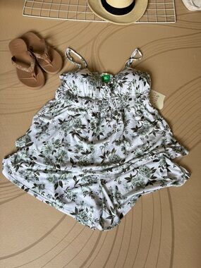 Floral Tie-Shoulder Romper in White and Sage